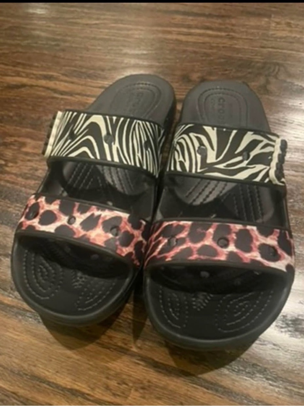 CROCS Black Slides with Zebra and Leopard Print Straps